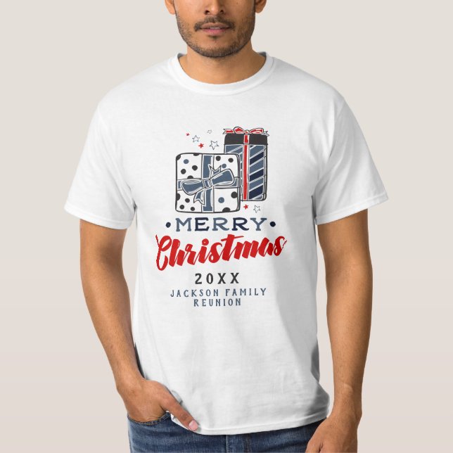 Merry Christmas Presents Custom Text Red Blue T-Sh T-Shirt (Front)
