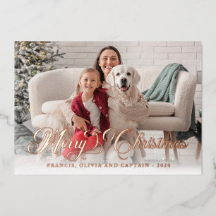 Merry Christmas Pretty Calligraphy Photo Burgundy Foil Holiday Card