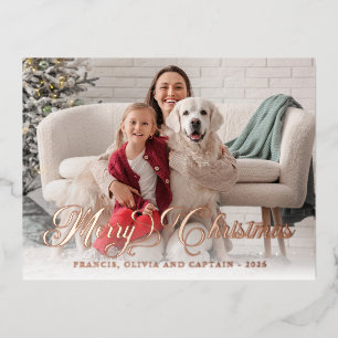 Merry Christmas Pretty Calligraphy Photo Burgundy Foil Holiday Postcard