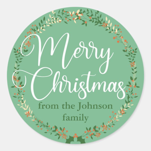 Merry Christmas Pretty Green Wreath Custom Gift Classic Round Sticker (Front)