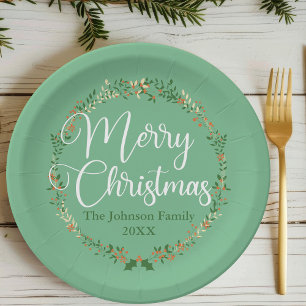 Merry Christmas Pretty Green Wreath Custom Party Paper Plate