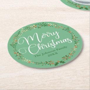 Merry Christmas Pretty Green Wreath Custom Party Round Paper Coaster