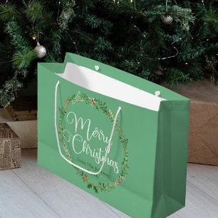 Merry Christmas Pretty Mint Green Wreath Custom Large Gift Bag