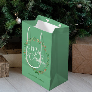 Merry Christmas Pretty Mint Green Wreath Custom Medium Gift Bag