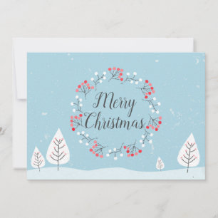 Merry Christmas   Pretty Snow & Berry Wreath Xmas Holiday Card