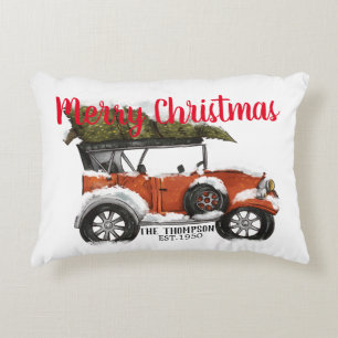 Merry Christmas pretty vintage red truck white Decorative Cushion