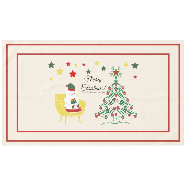 Merry Christmas Pretty White Bear & Tree Monogram Tablecloth (Front (Horizontal))