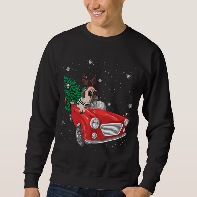 Merry Christmas Pug Dog Red Truck Xmas Tree Lights Sweatshirt (Front)