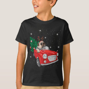 Merry Christmas Pug Dog Red Truck Xmas Tree Lights T-Shirt