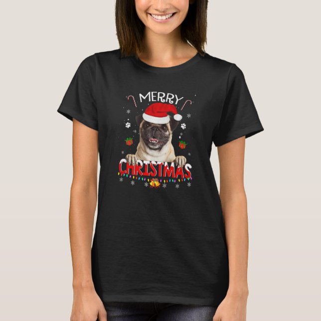 Merry Christmas Pug Dog Santa Hat Lights Xmas Paja T-Shirt (Front)