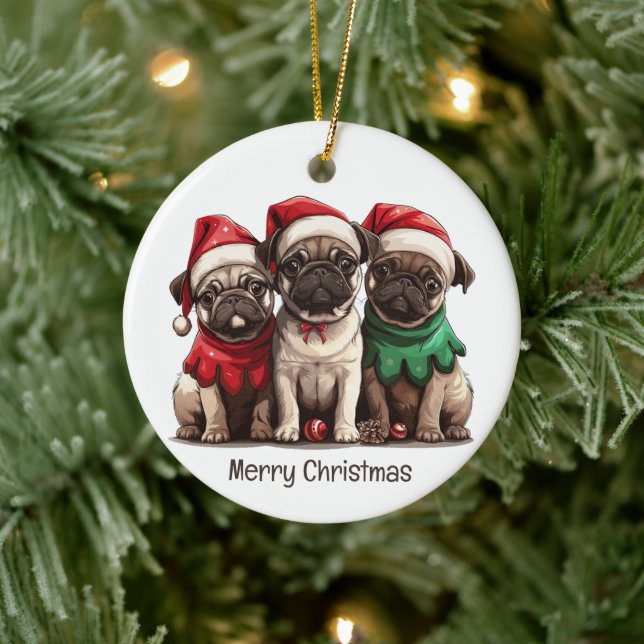 Merry Christmas Pug Dogs Ceramic Ornament (Tree)