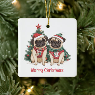 Merry Christmas Pug Dogs Ceramic Ornament