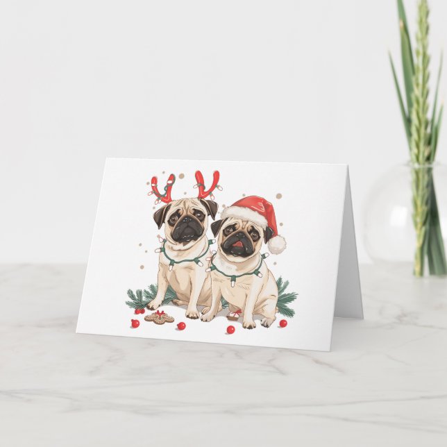 Merry Christmas Pug Dogs Holiday Card (Front)