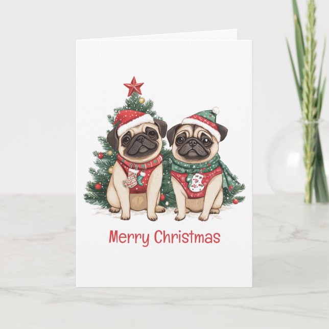 Merry Christmas Pug Dogs Holiday Card (Front)