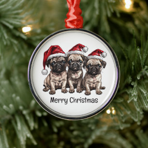 Merry Christmas Pug Dogs Santa Metal Ornament