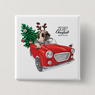 Merry Christmas Pug Driving Vintage Car 15 Cm Square Badge