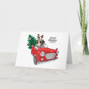 Merry Christmas Pug Driving Vintage Car Card