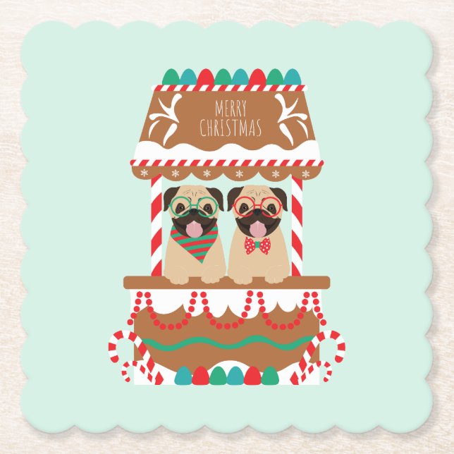 Merry Christmas Pug Holiday Stand Dogs Paper Coaster (Front)