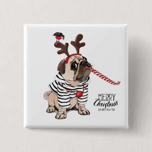 Merry Christmas Pug Reindeer 15 Cm Square Badge