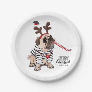 Merry Christmas Pug Reindeer Paper Plate