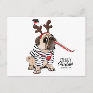 Merry Christmas Pug Reindeer Postcard