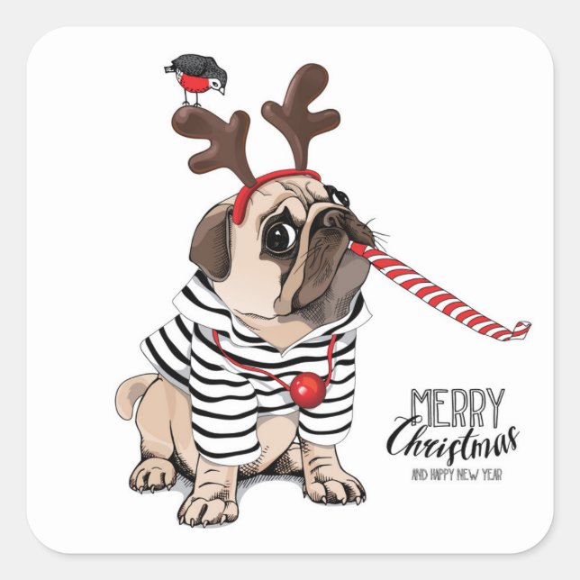 Merry Christmas | Pug Reindeer Square Sticker (Front)