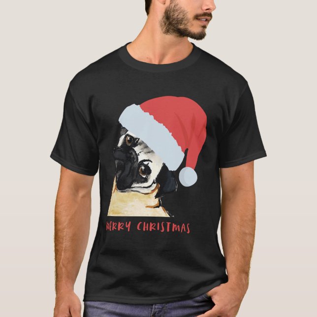 Merry Christmas Pug with Santa Hat Classic T-Shirt (Front)