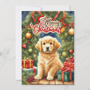 Merry Christmas Puppy and Christmas Tree  Holiday Card