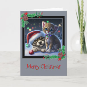 Merry Christmas Puppy and Kitten Greeting Card
