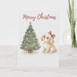 Merry Christmas Puppy Card Fluffy Dog with Tree