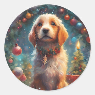 Merry Christmas Puppy Dog, Holiday Pet  Classic Round Sticker