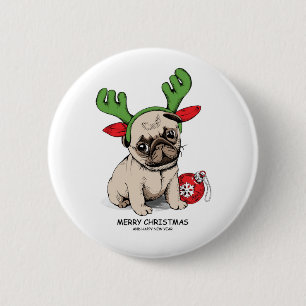 Merry Christmas Puppy Pug 6 Cm Round Badge