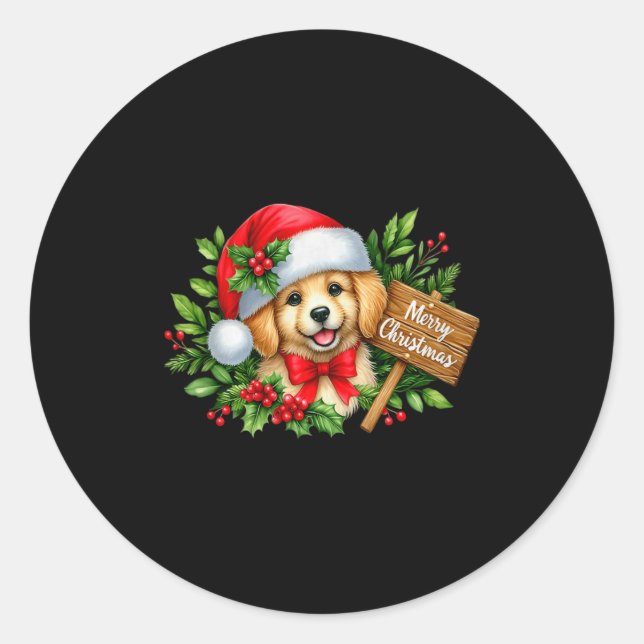 Merry Christmas Puppy Santa Hat Holly Sign Premium Classic Round Sticker (Front)