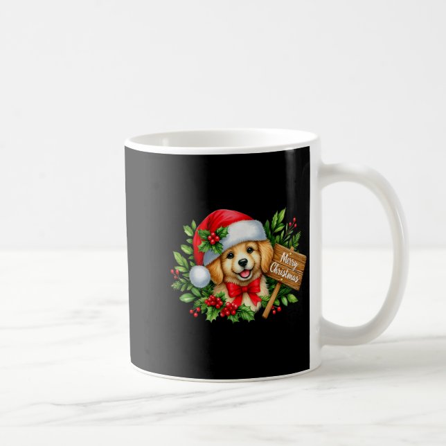 Merry Christmas Puppy Santa Hat Holly Sign Premium Coffee Mug (Right)