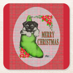 Merry Christmas Puppy Square Paper Coaster