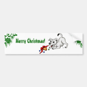 Merry Christmas! Puppy with Bell and Ball Bumper Sticker
