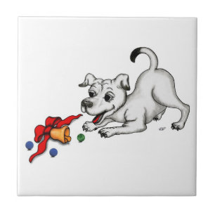 Merry Christmas! Puppy with Bell and Ball Ceramic Tile