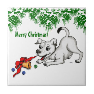 Merry Christmas! Puppy with Bell and Ball Ceramic Tile