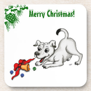Merry Christmas! Puppy with Bell and Ball Coaster