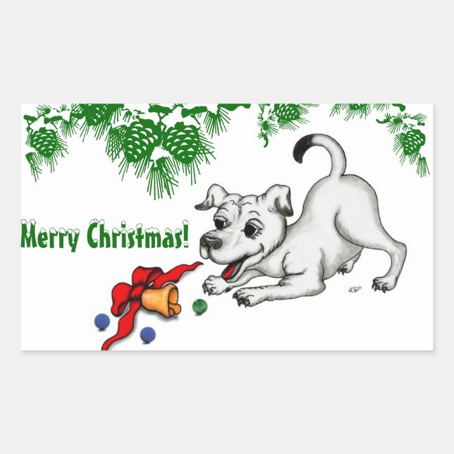 Merry Christmas! Puppy with Bell and Ball Rectangular Sticker (Front)