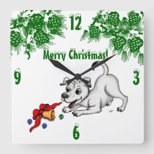 Merry Christmas! Puppy with Bell and Ball Square Wall Clock