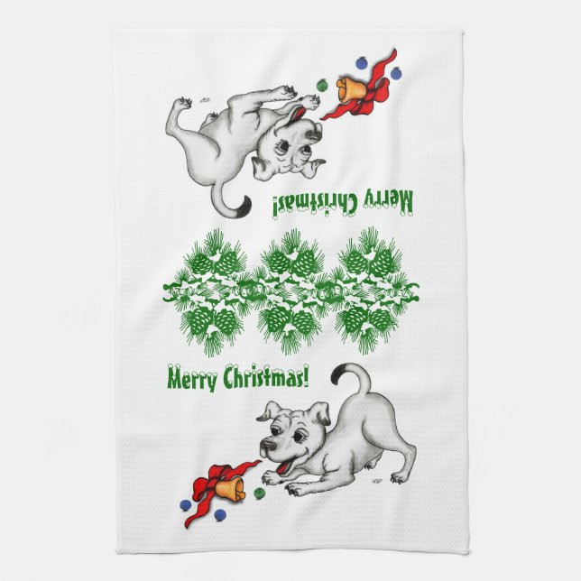 Merry Christmas! Puppy with Bell and Ball Tea Towel (Vertical)