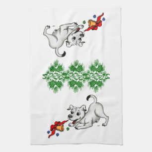 Merry Christmas! Puppy with Bell and Ball Tea Towel