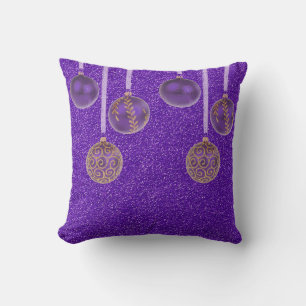 Merry Christmas Purple Baubles Glitter Gold Pillow