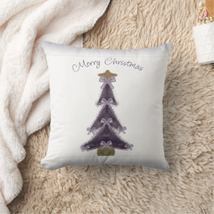 Merry Christmas Purple Bows Ribbons Gold Star Tree Cushion