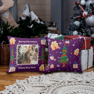 Merry Christmas Purple Family Photo  Cushion