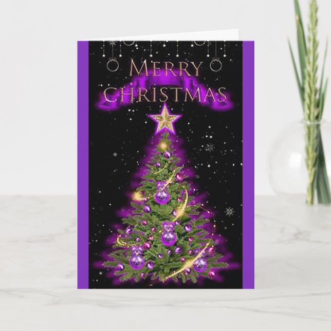 Merry Christmas Purple Folded Holiday Card (Front)