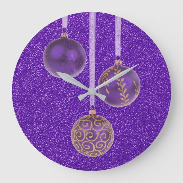 Merry Christmas Purple Glitter Baubles Elegant Large Clock (Front)