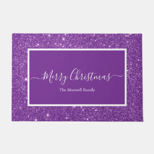 Merry Christmas purple glitter script family name  Doormat