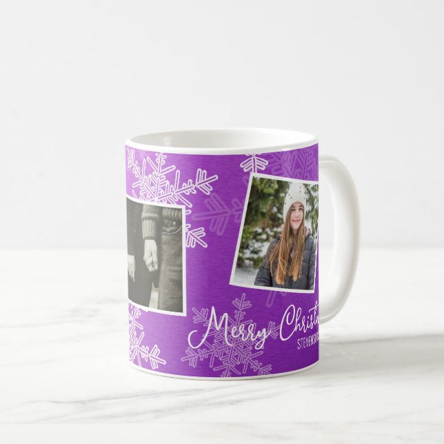 Merry Christmas Purple Snowflakes Photo Collage  Coffee Mug (Front Right)
